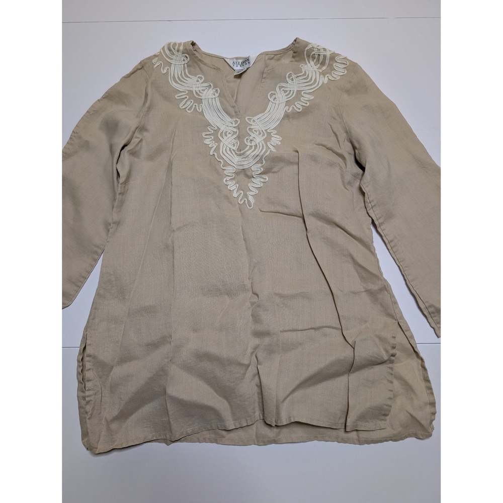 Allison Taylor Womens Beige 100% Linen Embroidered V-Neck Tunic‎ Top Large
